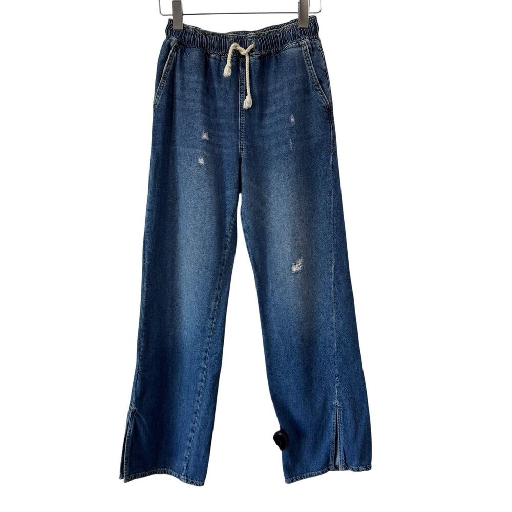 Pilcro Anthropologie High-Rise Getaway Drawstring Jeans Wide Leg Slits Size XS